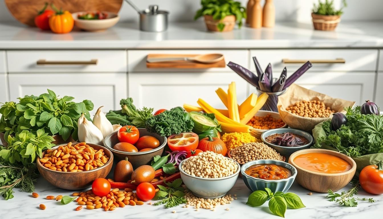 Measured baking ingredients prepared on a counter